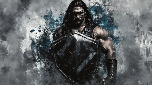 Armored warrior holding shield in grungy abstract scene.