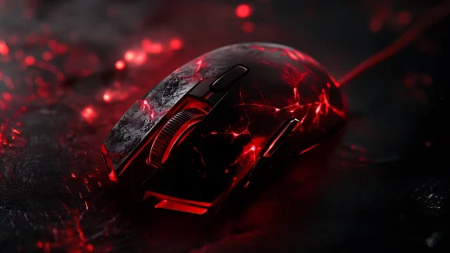 Fiery red gaming mouse glows like molten lava in the dark