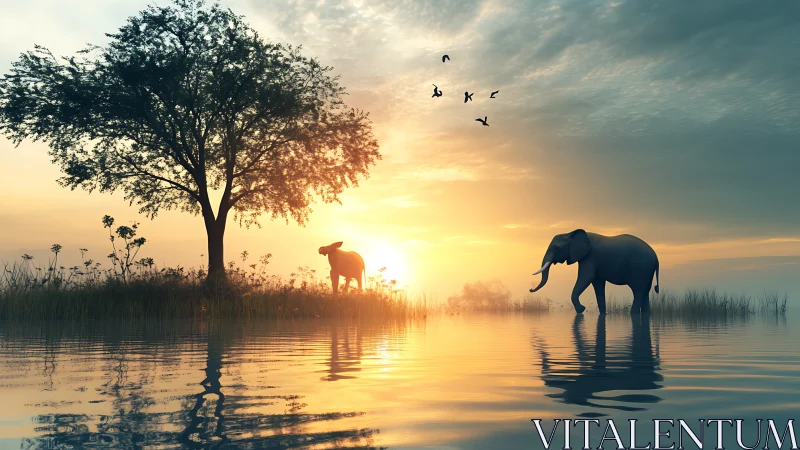 Elephants in shallow water at sunset near tree island scene.