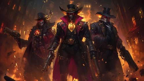 Trio of masked gunslingers stride through a burning cityscape.