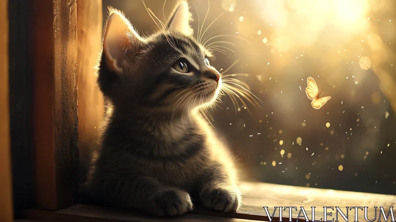 Kitten Contemplates Golden Butterflies in Ethereal Sunlight