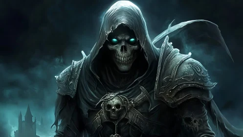 Grinning death knight strolls calmly through frozen midnight mist