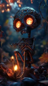 Ember-eyed forest skeleton keeps candlelit autumn vigil.