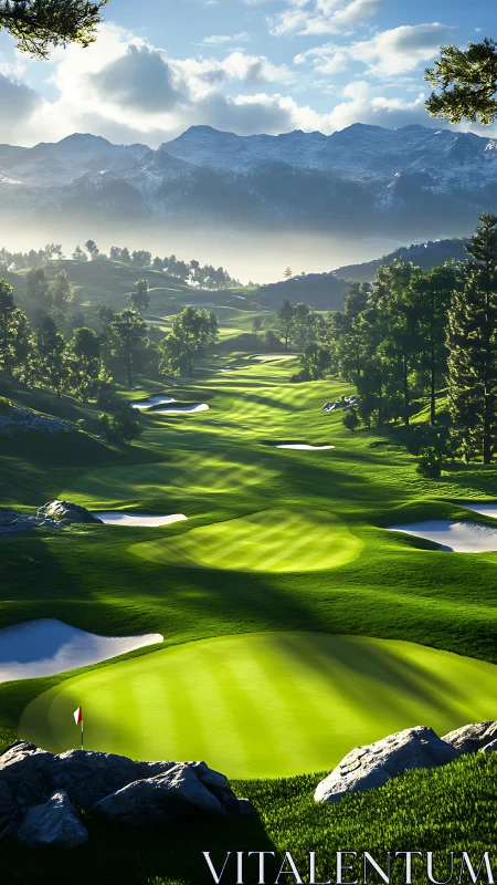 Sunlit mountain golf fairways with dynamic shadows and bunkers