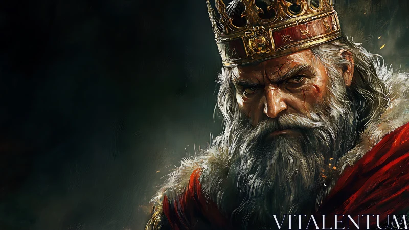 Battle-scarred gray-bearded king in ornate golden crown.
