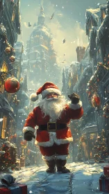 Santa in snow-covered European street with cathedral backdrop