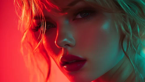 Neon-lit close-up portrait in cinematic 3D beauty lighting.
