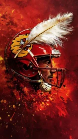 Fiery football warrior with feathered helmet in motion.