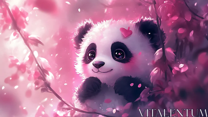 Adorable panda cub dreams amid glowing pink blossoms at dusk