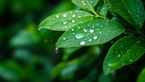 Glistening raindrops on vivid green leaves after rainfall.
