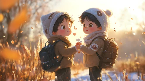 Two Children Share a Heartfelt Moment in Golden Winter Snow