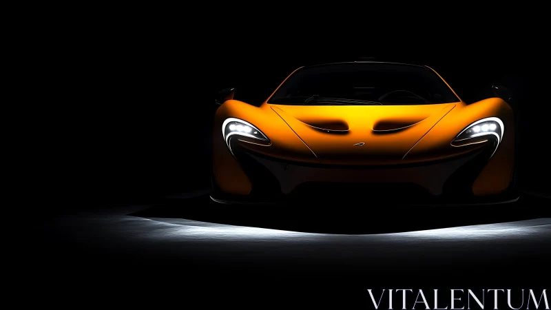 Orange sports car front view emerges from low key lighting