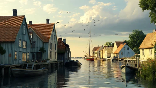Harborfront Nordic cottages under warm golden evening light.