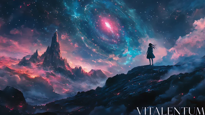 Silhouetted figure on ridge under spiral nebula sky at dusk.