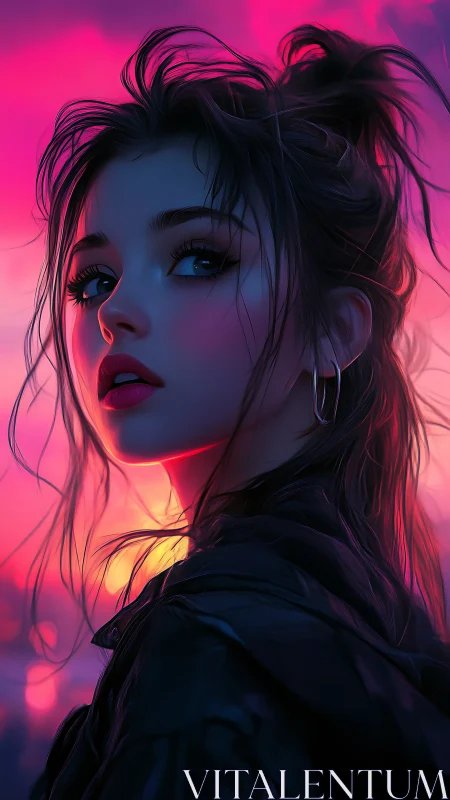 Neon dusk portrait of a young woman in cinematic glow.