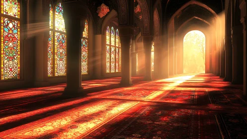 Sunlit stained glass arcade spilling rivers of crimson light.