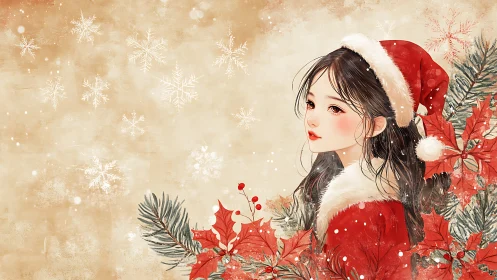 Christmas girl portrait with red poinsettias and snowflakes.