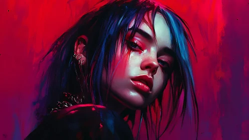 Neon-scarred rebel girl in electric crimson twilight glare.