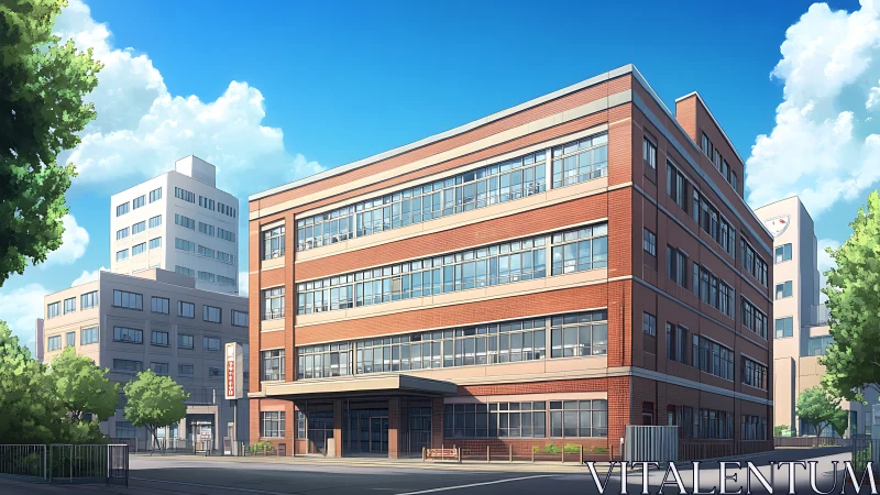 Red brick school building in clear urban daylight scene.