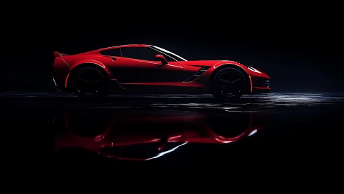 Lateral profile of red performance coupe in controlled low-key lighting.