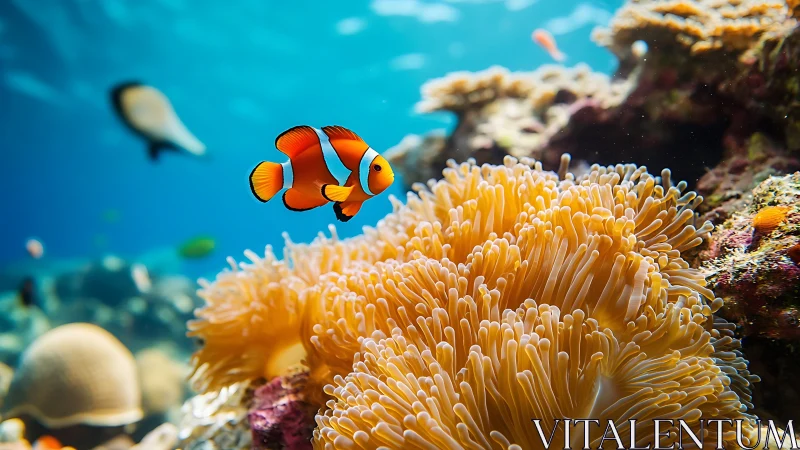 Clownfish swims above sunlit anemone in clear coral reef