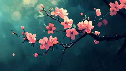 Pink flowering branch against teal background with soft bokeh.