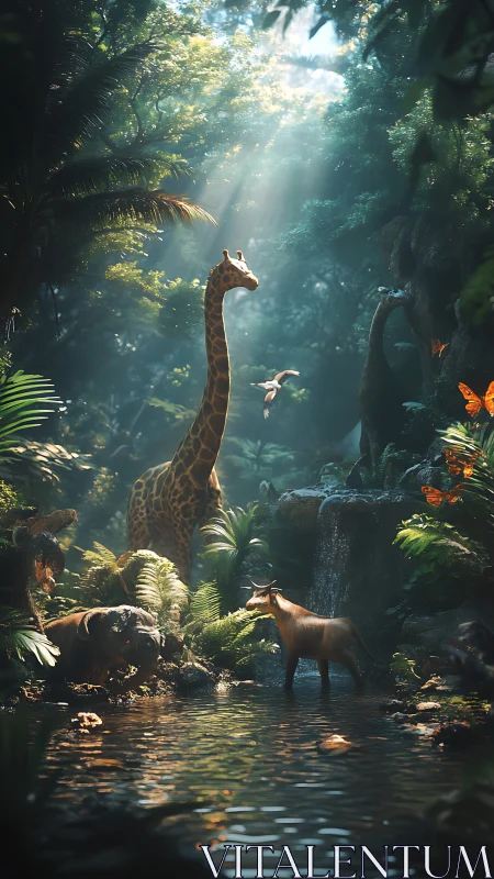 Giraffe and forest wildlife share sunlit jungle waterhole