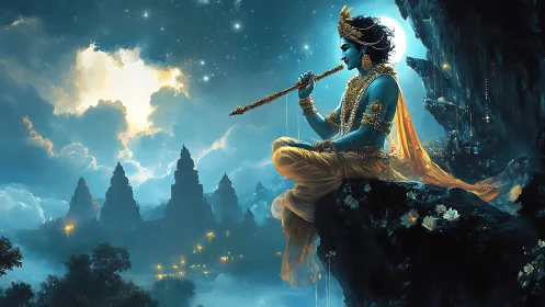 Moonlit flute player resting above a glowing temple valley.