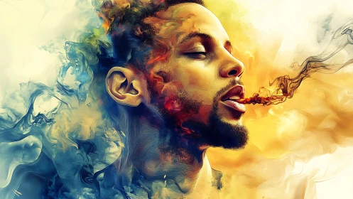 Colorful digital portrait of man exhaling swirling smoke.