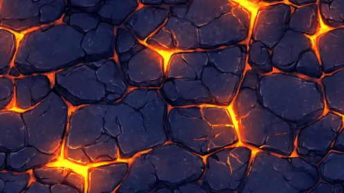 Molten Lava Flow Through Fractured Dark Stone Surface.