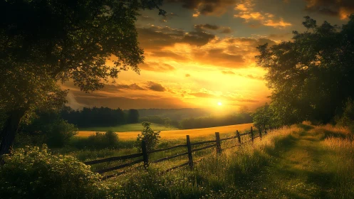 Rural field at sunset with path, trees and wooden fence.