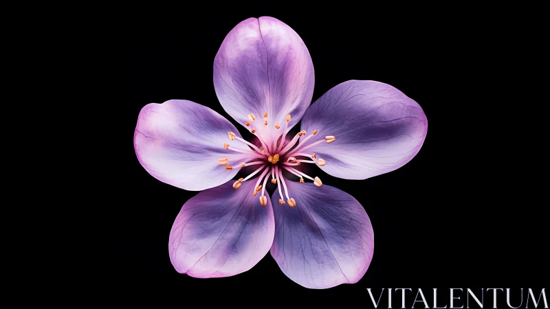 Purple Flower Bloom with Stamens Against Black.