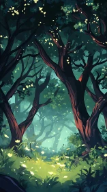 Enchanted Forest Glow: Ancient Trees with Luminous Fireflies.