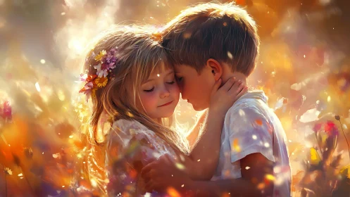 Two Children in Glowing Flower Field