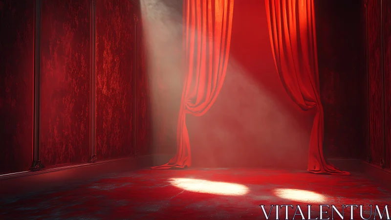 Red theater curtains glow in dramatic stage spotlight haze