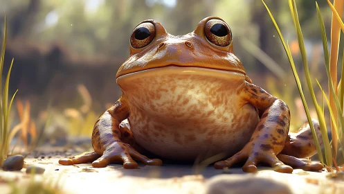 Sunlit forest frog resting in a golden afternoon glow.