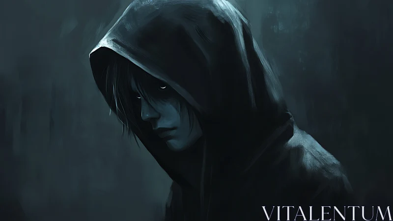 Hooded figure in low key teal lighting with glowing eyes