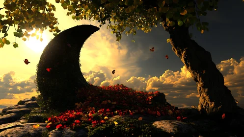 Crescent hedge sanctuary beneath a luminous sunset sky.