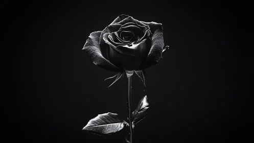 Single black rose stands isolated against dark background