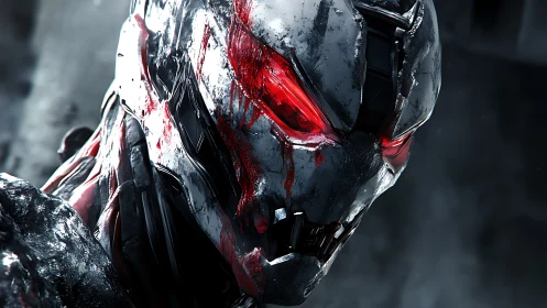 Cybernetic war machine glares with blood‑streaked metal face.