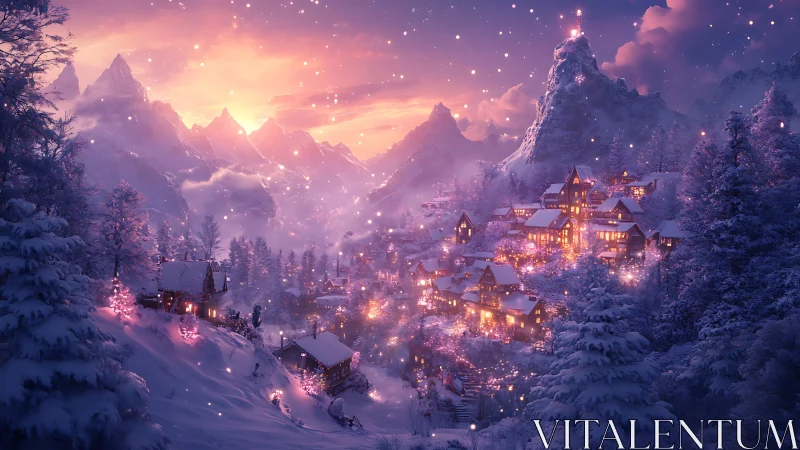 Cozy winter village glowing softly beneath a pink sunset.