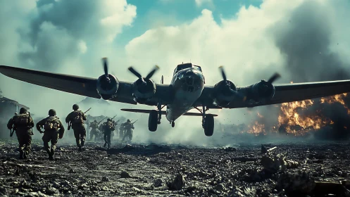 WWII bomber roars low above infantry in burning battlefield