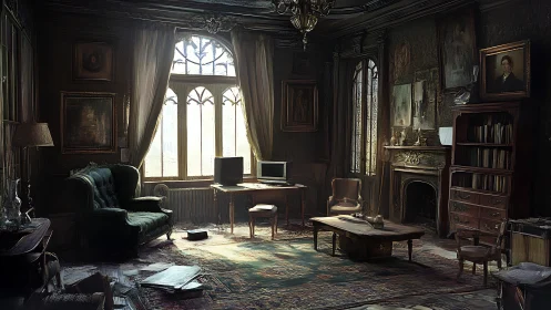 Neo-Victorian study interior with dual CRT workstations, dusk