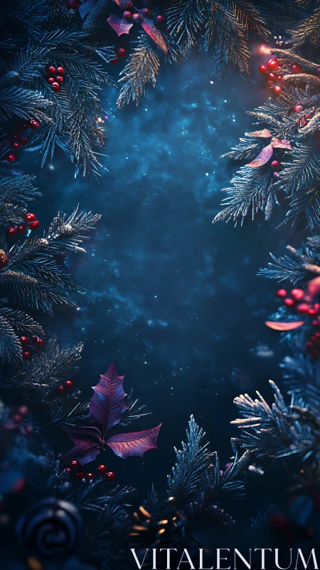 Winter greenery frames a softly glowing festive night sky