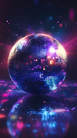 Neon disco ball glows over reflective digital dancefloor.
