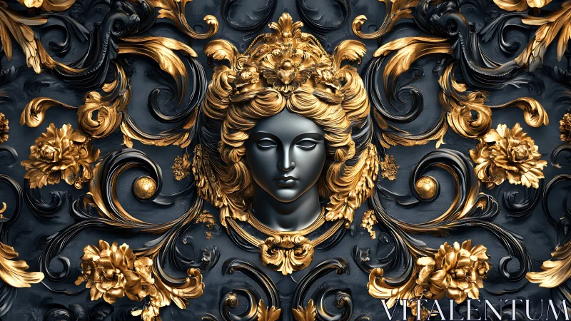 Golden goddess framed by swirling baroque floral dreams.