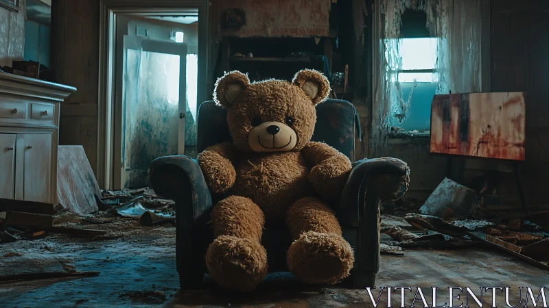 Dusty guardian bear lounging in a beautifully ruined room.
