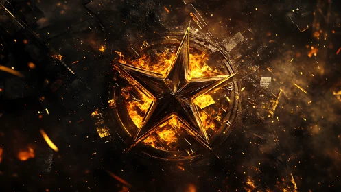 Fiery golden star blazes at the heart of swirling embers