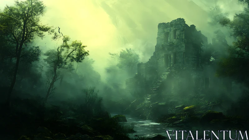 Spectral river fortress in volumetric emerald forest haze.