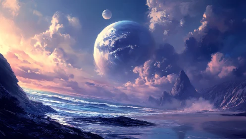 Alien shoreline under twin planets and luminous clouds.